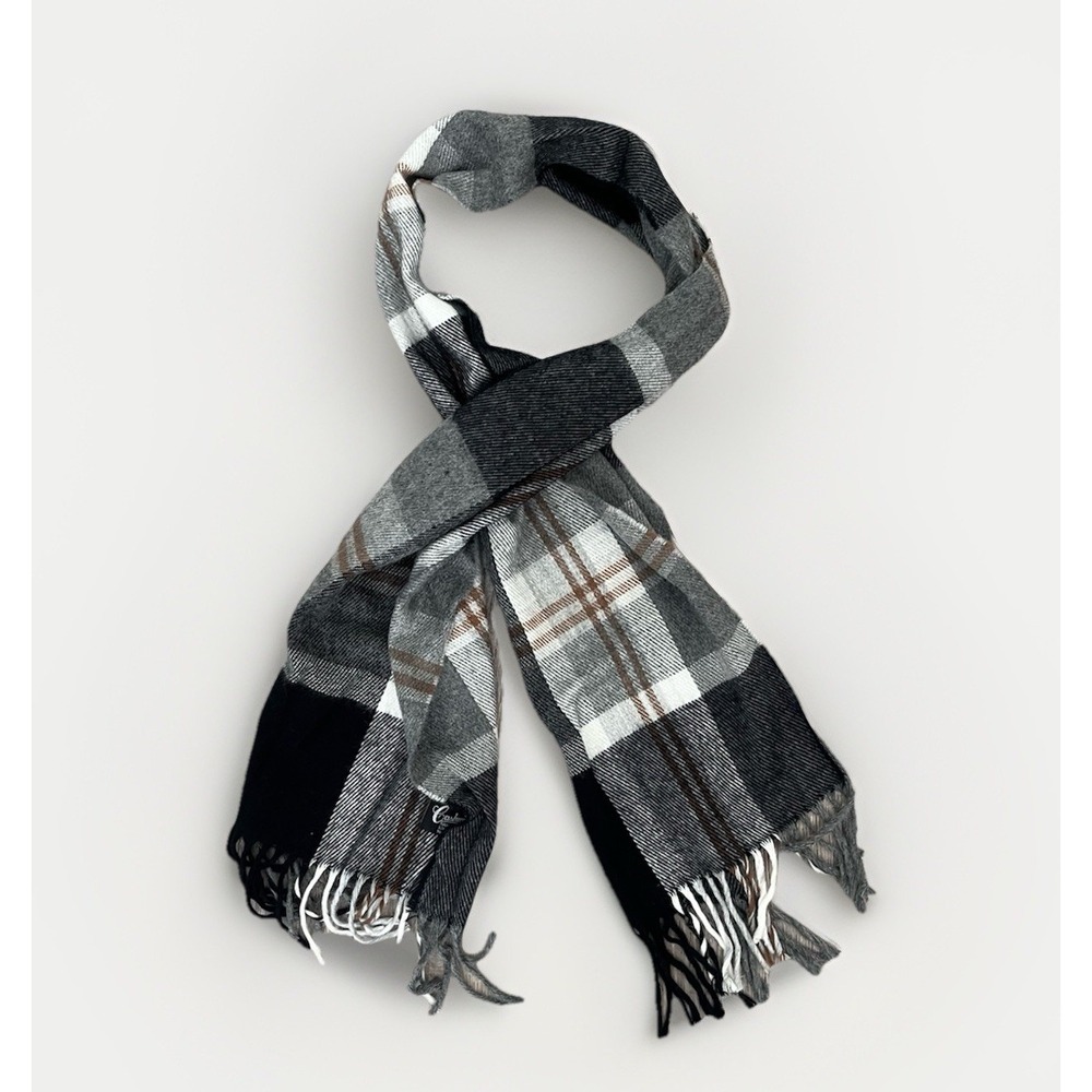 Cashmillion Plaid Scarf Black Gray White Checkered Fringe Winter Warm Classic